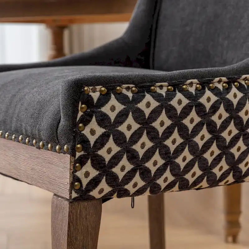 Ultra Side Dining Chair, Thickened fabric chairs with neutrally toned solid wood legs, Bronze nail head, Set of 2