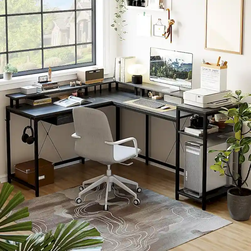 68 Home Office Desk with File Drawer & Power Outlet, LED Lights