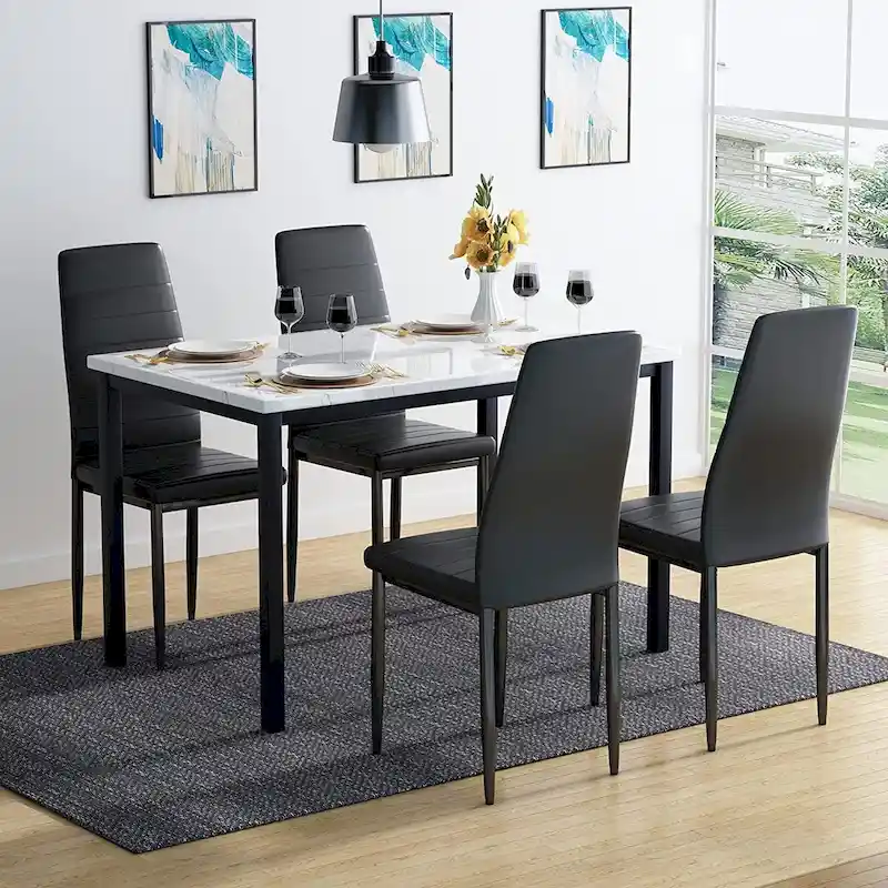 Mieres Modern Style 5-Piece Faux Marble Top Dining Table Set with 4 Faux Leather Upholstered Dining Chairs