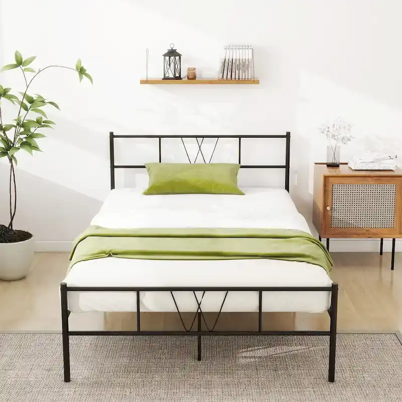 Twin Size Metal Platform Bed Frame with Headboard Footboard, Heavy Duty Steel Slat Support, Easy Assembly Mattress Foundation