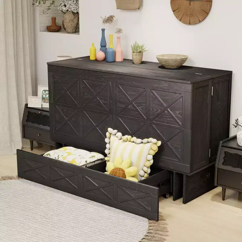 Keloyid Haimyy Solid Wood Frame Queen Murphy Bed Chest with Built-in Charger and Strong Drawer