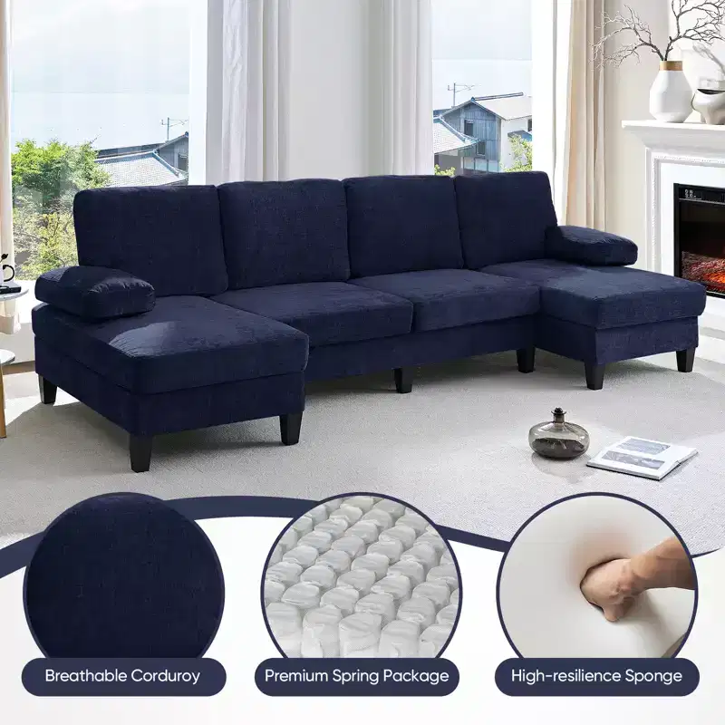 Mjkone 110U-Shaped Sectional Couches,Chenille Upholstered Large 4-Seater Sofa with Double Chaises and Sleepable Armrests
