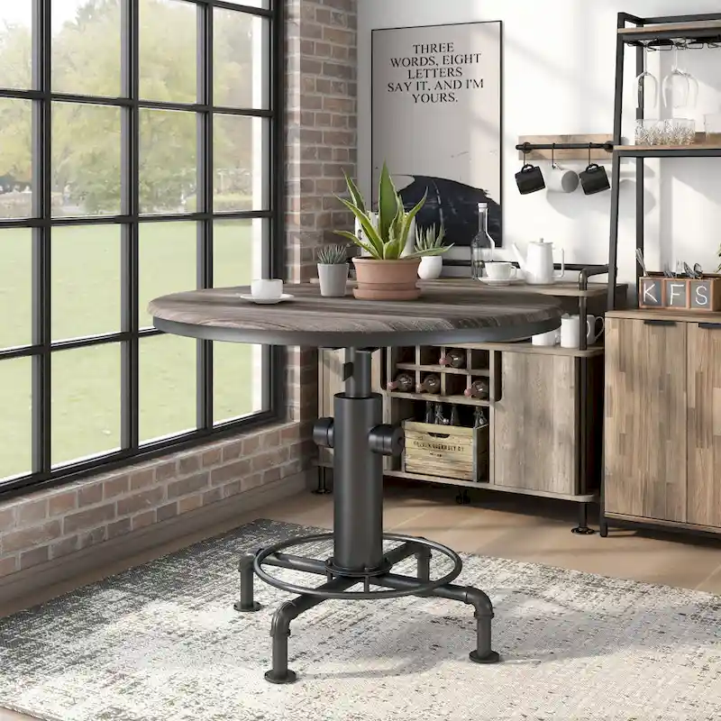 45-Inch Round Counter Height Table with Fire Hydrant Base, Metal Frame, Wood Top, Industrial Style, Black