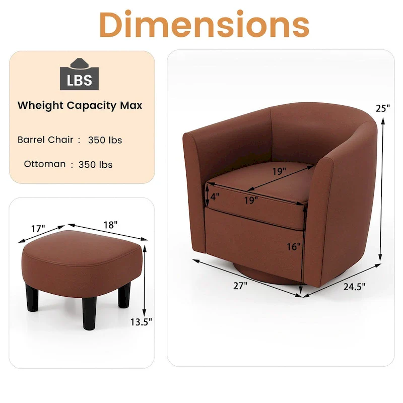 Swivel Barrel Chair with Ottoman Footrest Curved Backrest