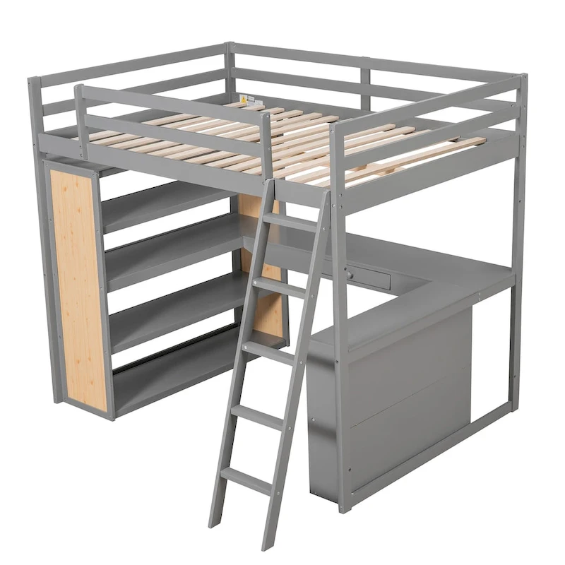 Loft Bed with Desk, Shelves, Drawer, and Ladder, Full-Length Guardrail