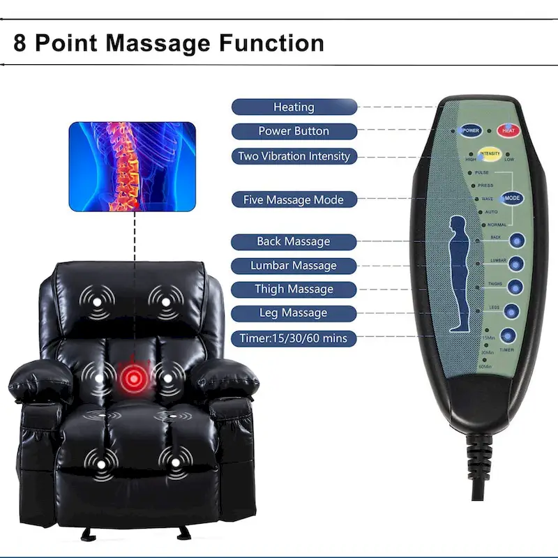 Faux leather Massage Recliner Chair, Rocker Recliner, Heat Function