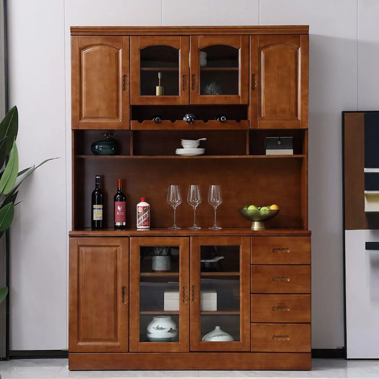 Kitchen Wooden White Cabinet Sideboard Built-in Wine Rack