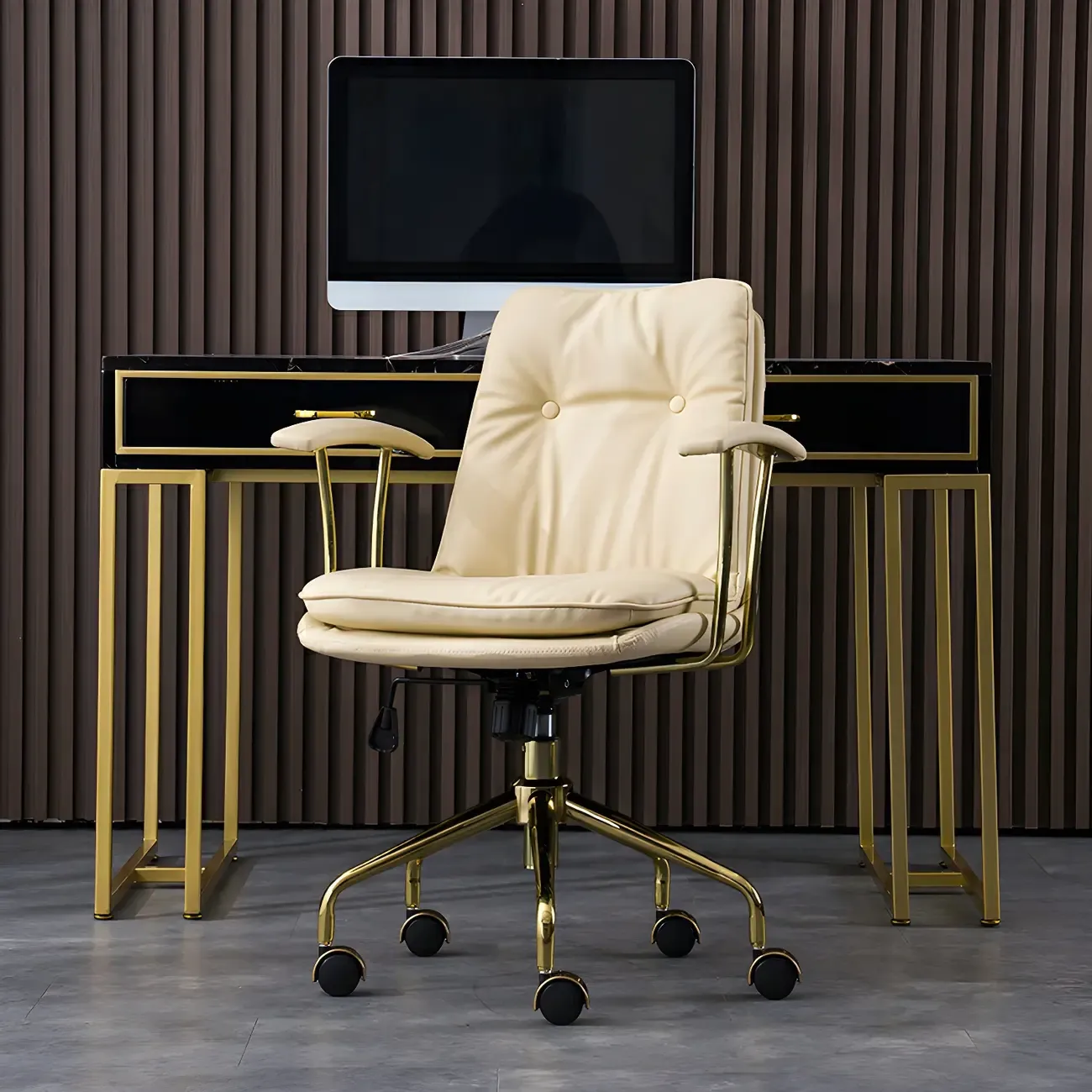 Gold Base Tufted Leather Adjustable Office Chair