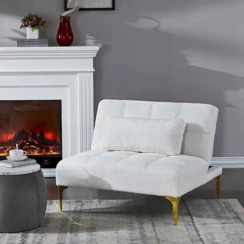 Convertible Futon Teddy Fabric Sofa Bed With Gold Metal Legs