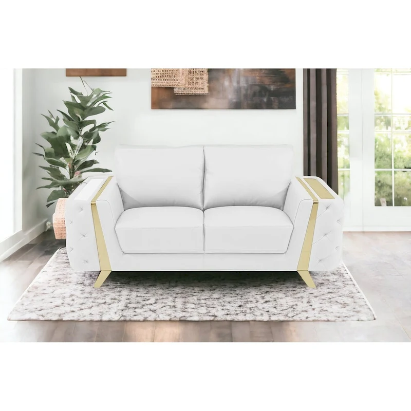 HomeRoots 72 White And Gold Genuine Leather Loveseat