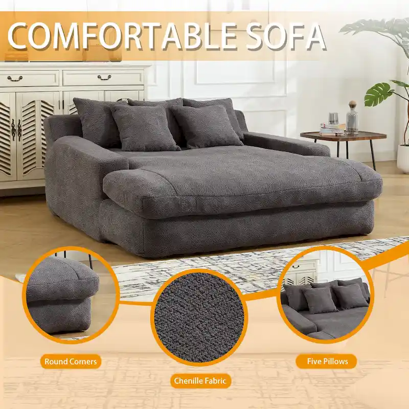 Chenille Upholstered 2-seater Deep Seat lazy sofa bed With 5 back pillows