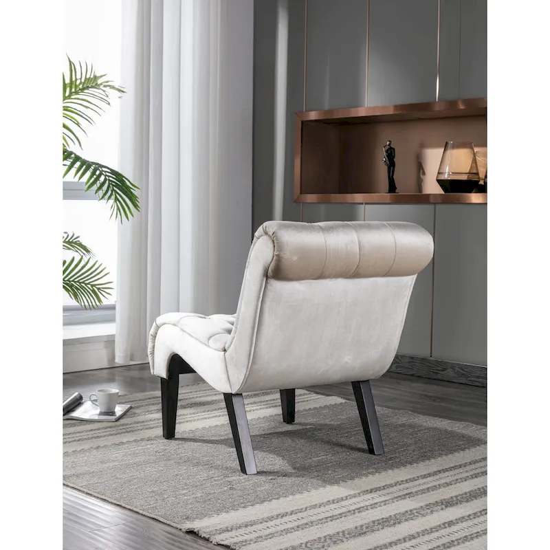 Beige Velvet Accent Chair with Button Tufting and Wooden Legs
