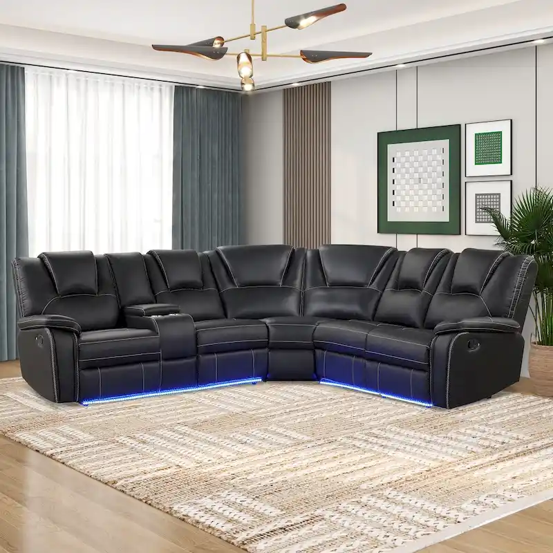 Modern Faux Leather Manual Reclining with Center Console with LED Light Strip,Living Room Furniture Set,PU Symmetrical Couch