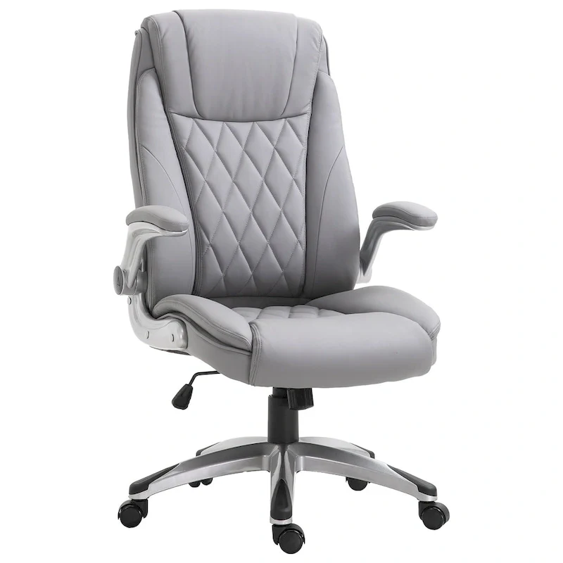 High Back 360 Swivel Ergonomic Home Office Chair with Flip Up Arms, Faux Leather Computer Desk Rocking Chair, Grey