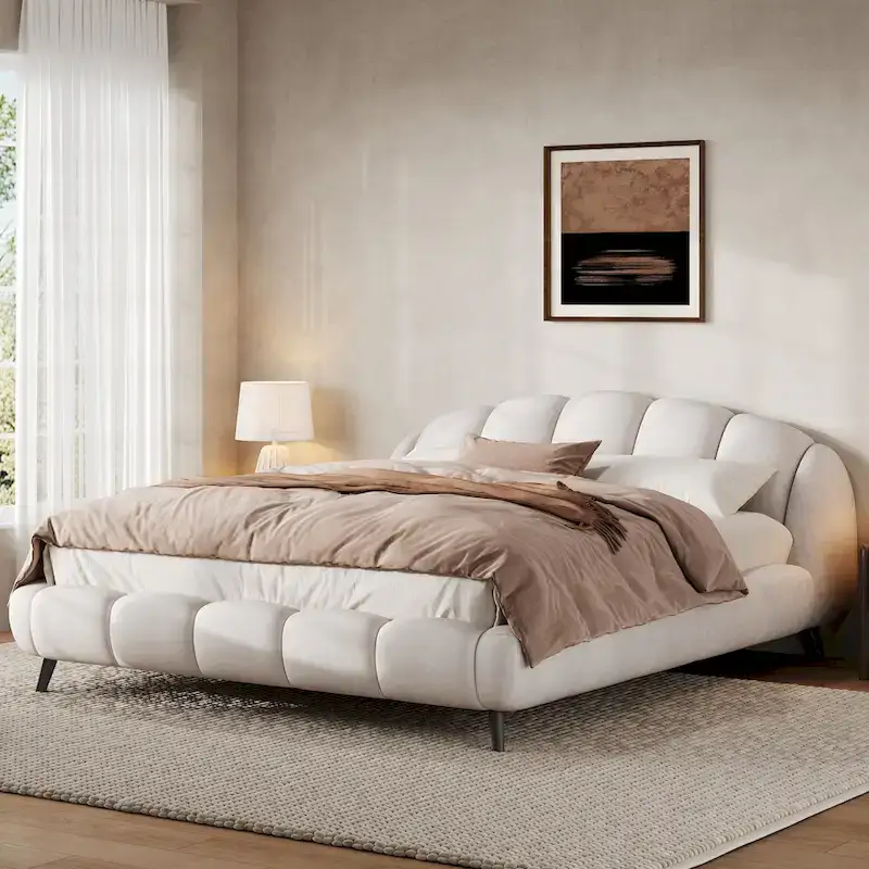 King Upholstered Platform Bed with Shell-Shape Headboard and Solid Wood Frame
