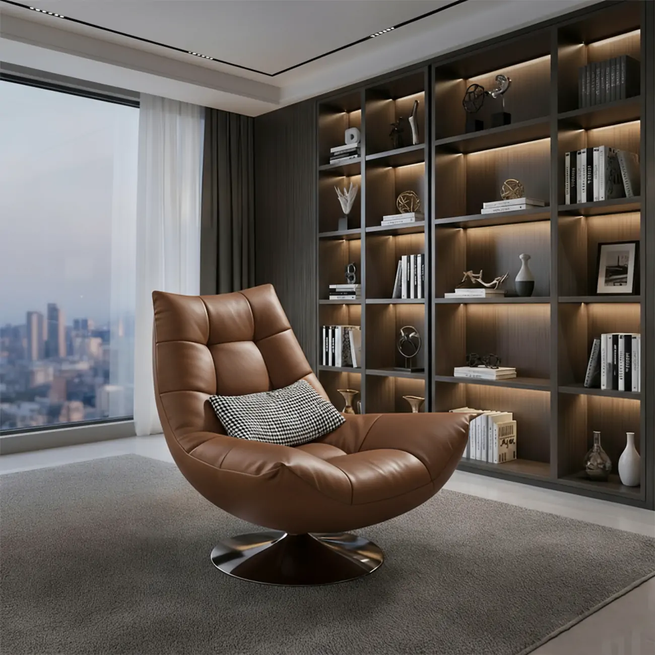 Black Swivel Tufted Leather Accent Chair Pillow Included