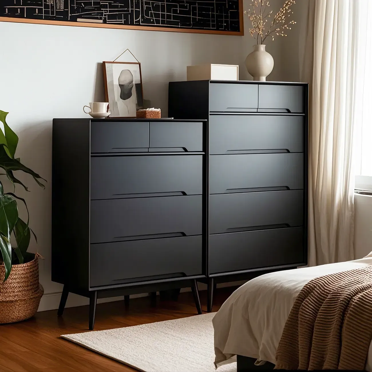 Retro Black Wood Dresser with Drawers storage for Bedroom