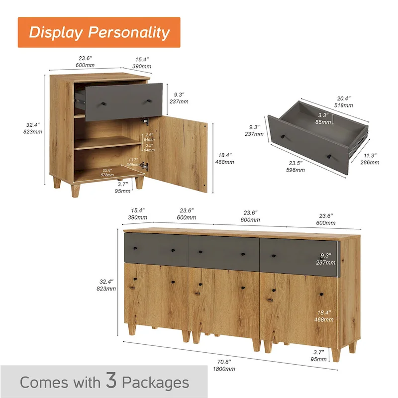 70.8 Sideboards Drawer Cabinet, 3-In-1 Kitchen Buffet Table
