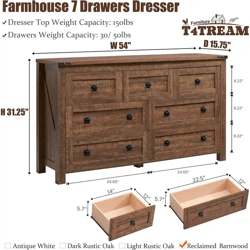 Farmhouse 7 Drawers TV Stand, Chest of Drawers, Dressers Organizer