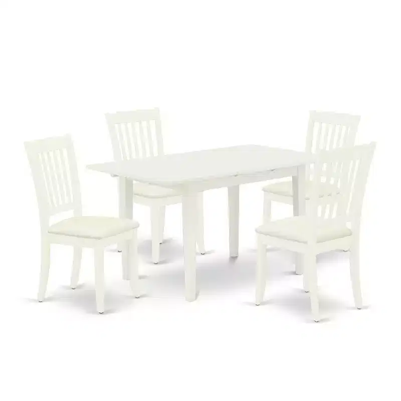 HomeStock 5-Pc Linen White Finish Solid Wood Top - Rectangular Upholstered Dining Room Set with Butterfly Leaf - Seats 4