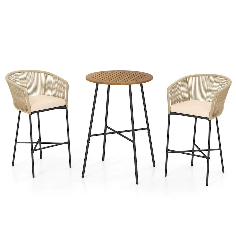 Costway 3 PCS Rope Woven Patio Bar Set with Soft Cushions and Acacia - See Details