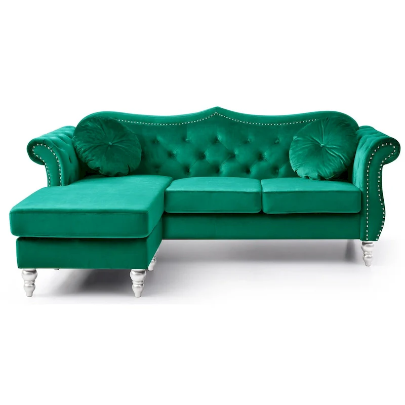 81 in. Velvet Chesterfield Sectional Sofa with 2-Throw Pillow - 81L x 35W x 34H