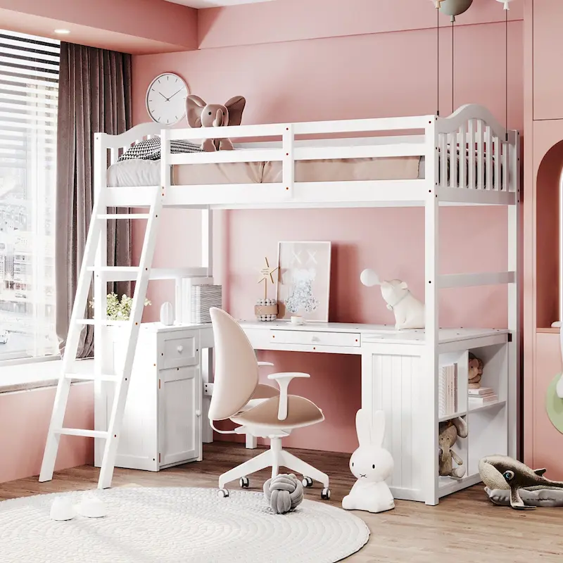 Twin Wooden Loft Bed with Desk and Shelves