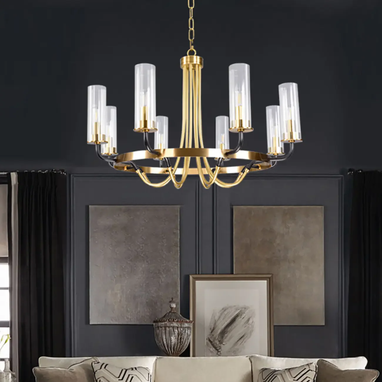 Modern Circle Black Gold Clear Glass Shade Chandelier