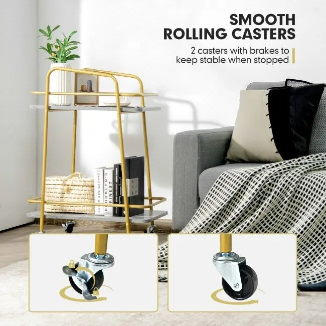 2-tier Kitchen Rolling Cart with Steel Frame and Lockable Casters-Gray - 16 x 24 x 32.5 (L x W x H)