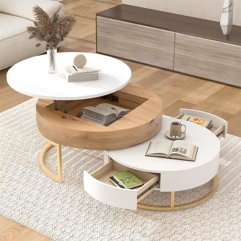 Merax Modern Round Lift-top Nesting Coffee Tables with 2 Drawers