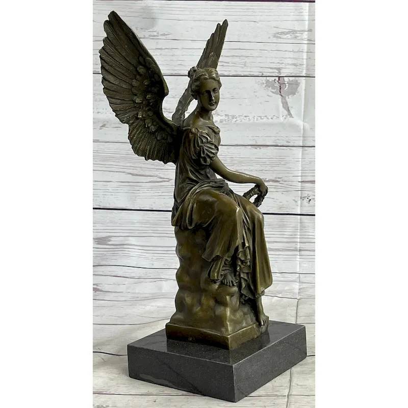 Signed Moreau Angel Sits On Celestial Throne Bronze Marble Sculpture Decor