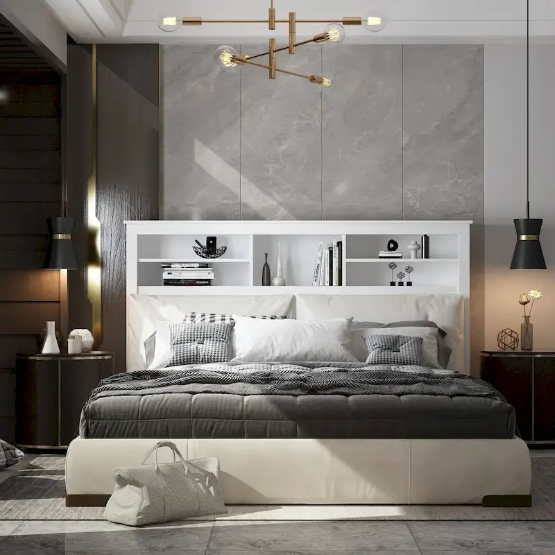 White Bookcase Headboard with RGB LED Lights and Adjustable Shelves – Queen, Single Bed