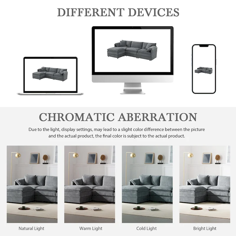 103.5 Chenille Sectional Sofa with 4-Seat L-Shaped Cloud Couch and Ottoman & Pocket Spring Cushions (330lb Capacity)