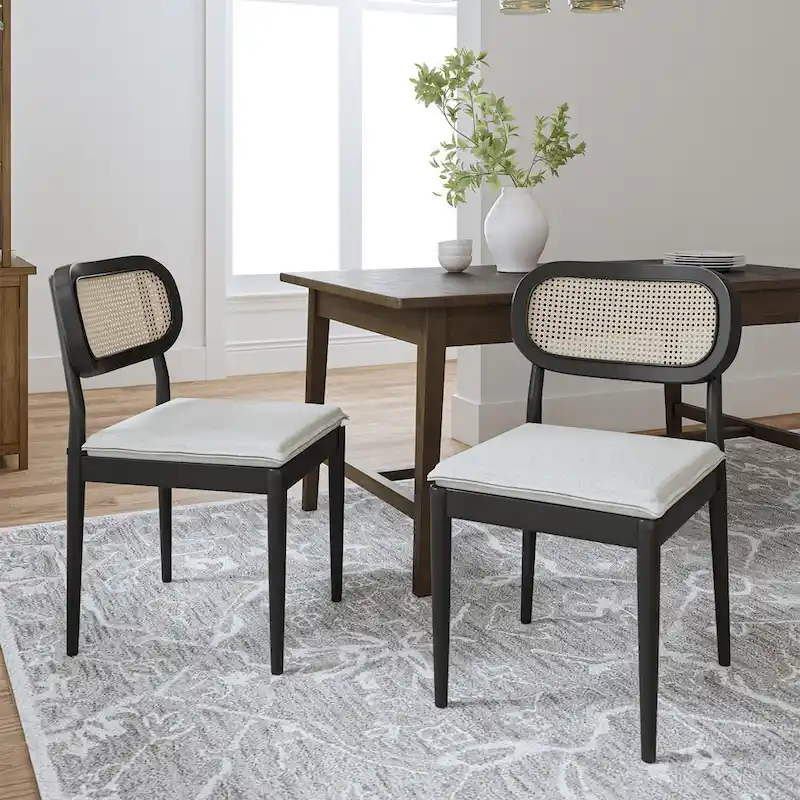 Modern Solid Wood Dining Chair with Ratten Back and Removable Cushion Set of 2 by