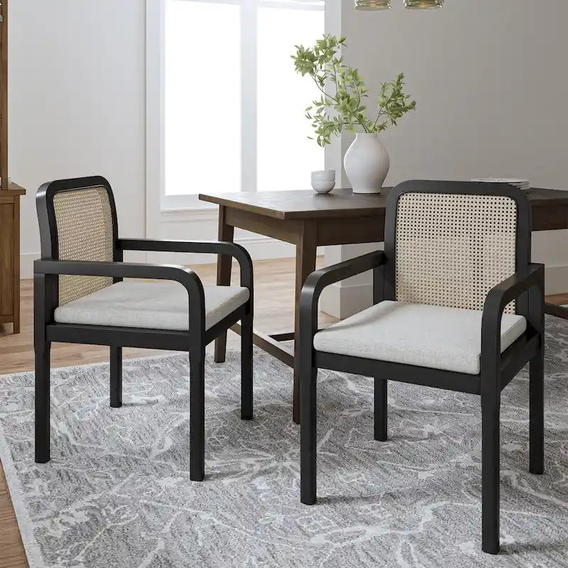Modern Rattan Back Dining Chair with Removable Cushion - Rubber Wood Frame, Linen Upholstery