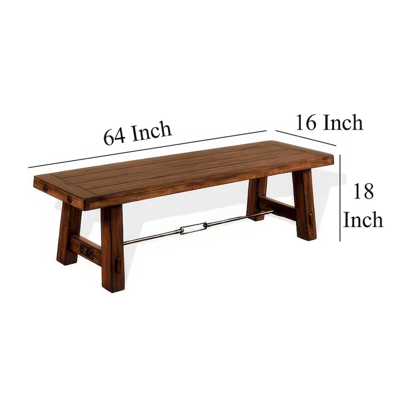 Reggie Dining Bench, Brown Mahogany Wood, Turnbuckle Accents, 64 Inch