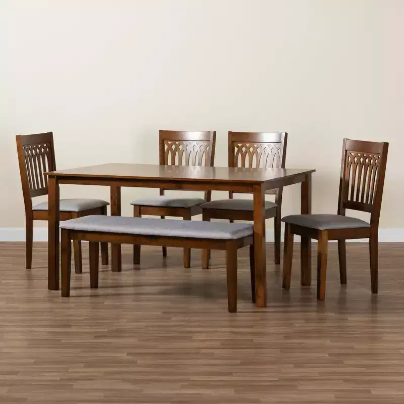 Modern Fabric & Wood Dining Set for 6 – 4 Chairs + Bench + Table