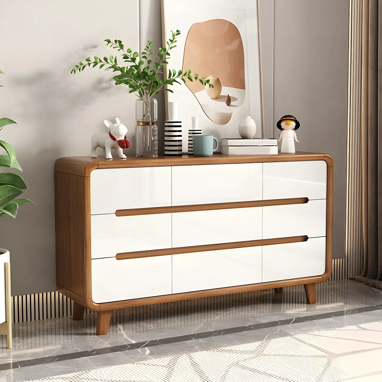 Traditional White-Brown Wooden Double Dresser Arched Edge