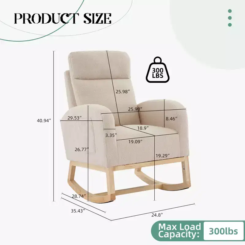 COZONY Upholstered Glider Rocker Chair with High Backrest & Wooden Legs, Comfy Nursery Rocking Accent Chair with Side Pocket for Living Room