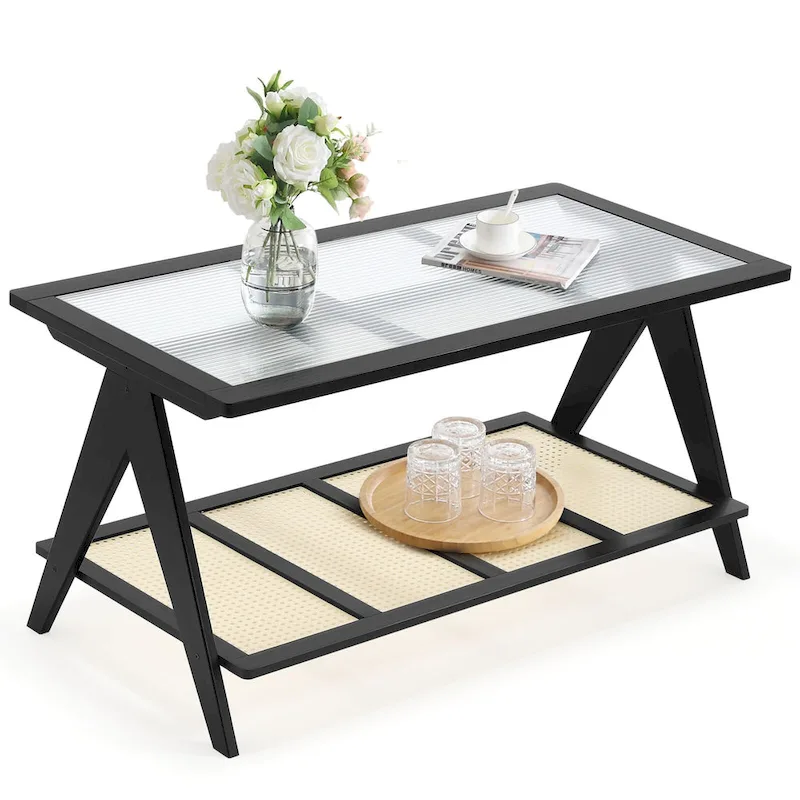 2-Tier Rectangular Coffee Table, Glass Top Sofa Table - 39.4L x 19.7W x 19.7D
