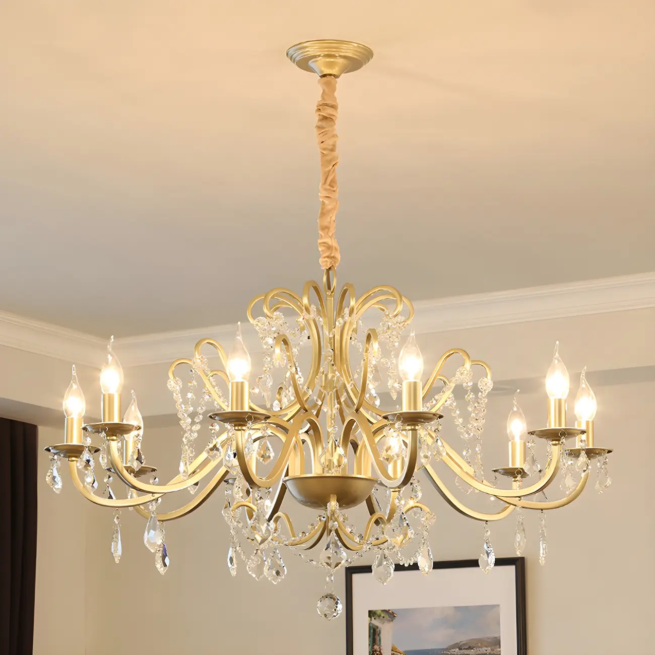 French Curved Arms Gold Crystal Candelabra Chandeliers