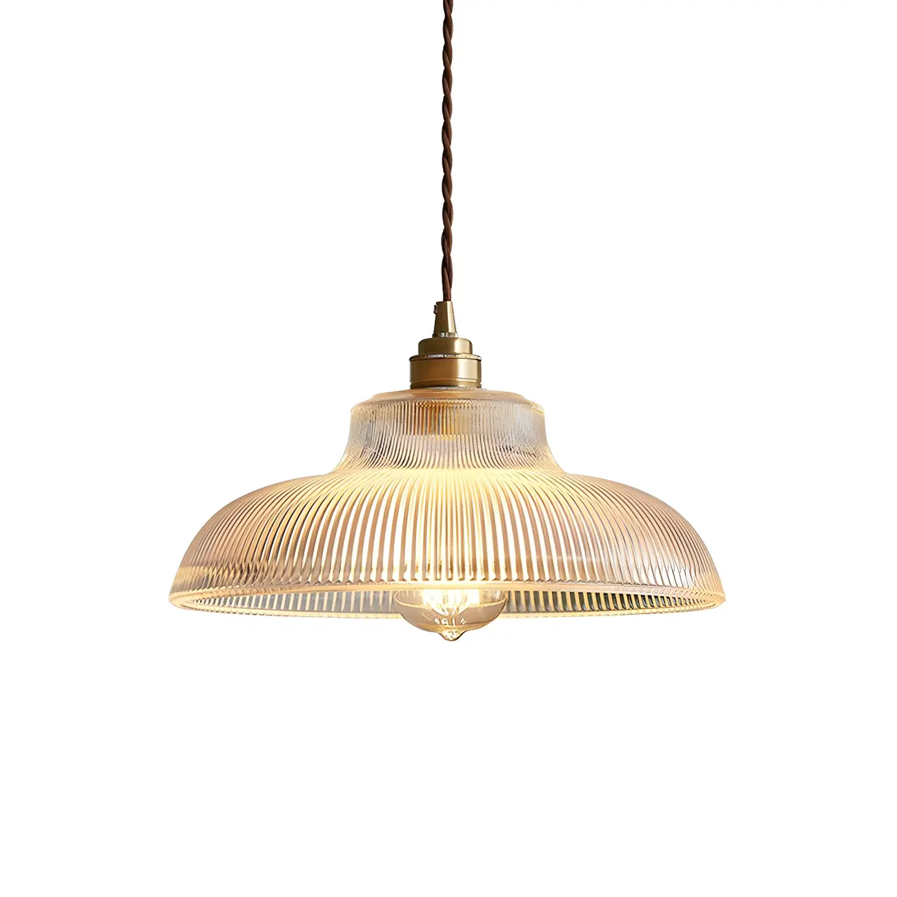 Industrial Adjustable Ribbed Glass Brass Bowl Pendant Light