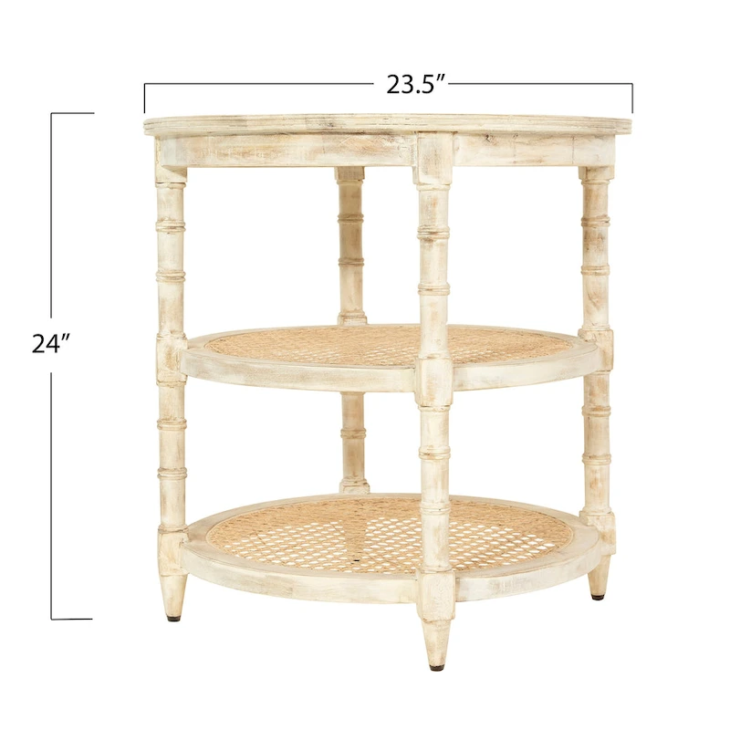 Round Mango Wood Table with 2 Cane Shelves