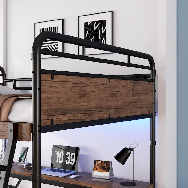 Metal Loft Bed with Desk, LED Lights & USB Charging Station, Loft Bed Frame with Safety Guardrails