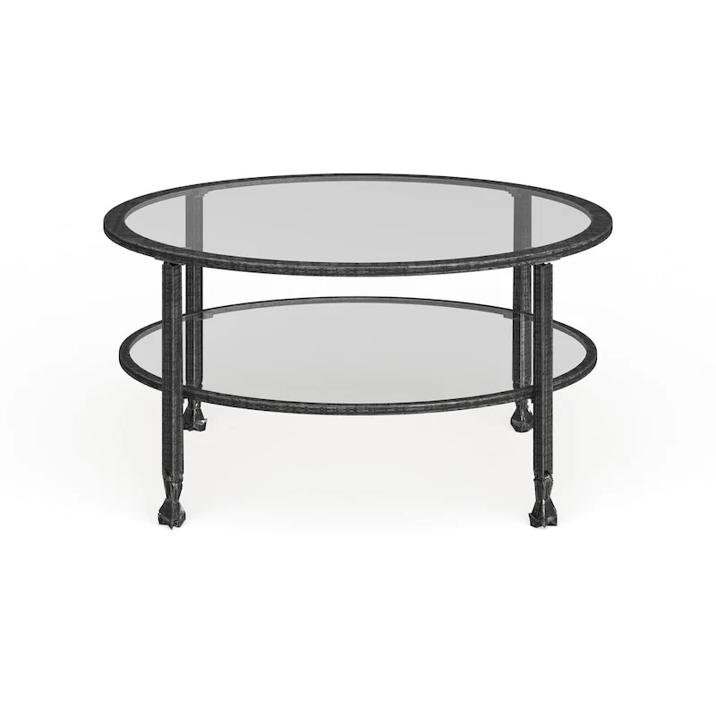SEI Furniture Glenn Distressed Black Metal Round CoffeeTable with Glass Top and Shelf
