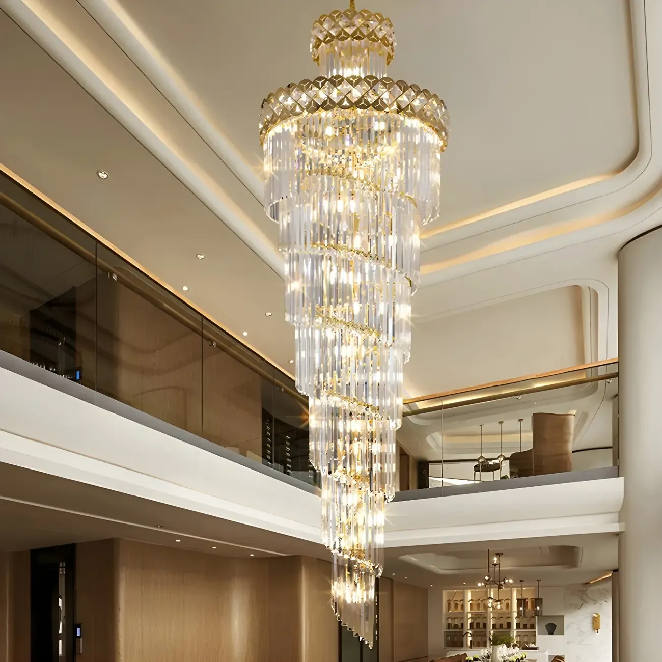 Luxurious Gold Spiral Crystal Round Tier Stairwell Chandelier