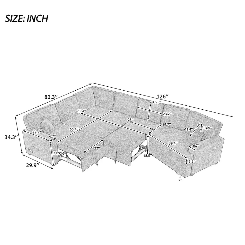 Black 126  L-Shaped 6-Seater Sofa with Pull-Out Bed and Cup Holders