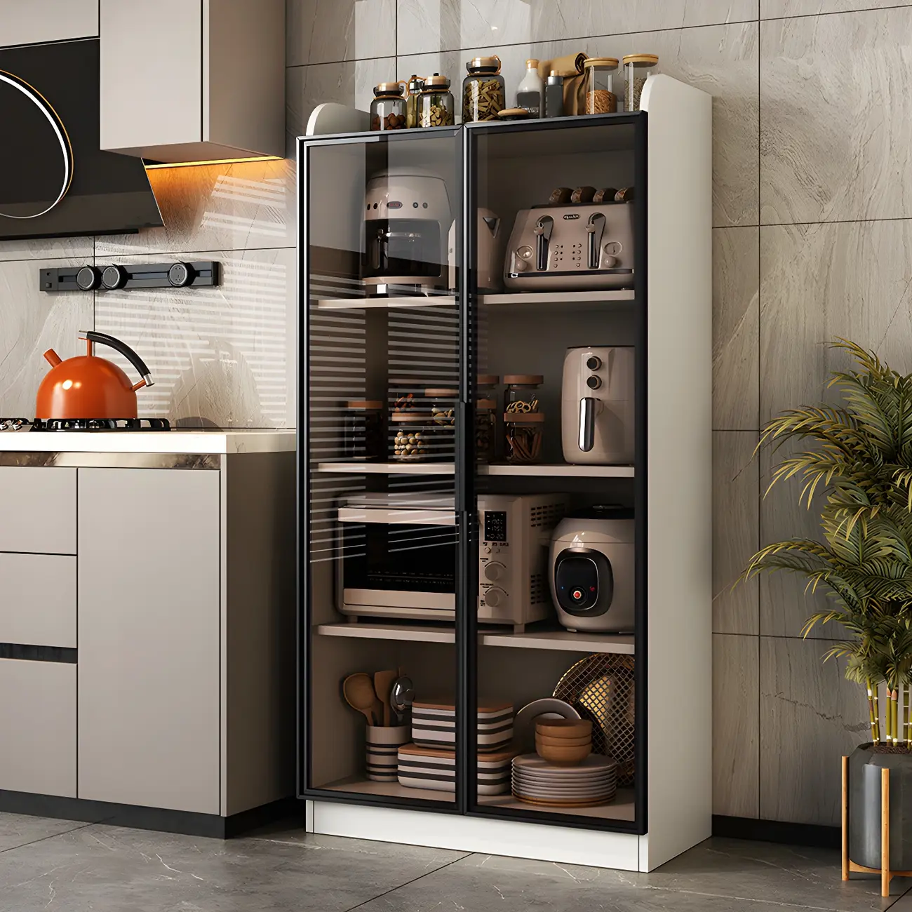 Modern White Wooden Sideboard with Glass Doors for Kitchen