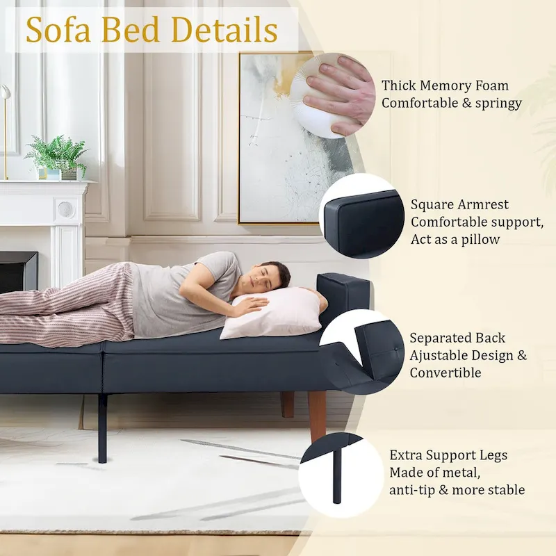 68 in. Soft Convertible Sofa Bed with Adjustable Backrest and Solid Wood Legs