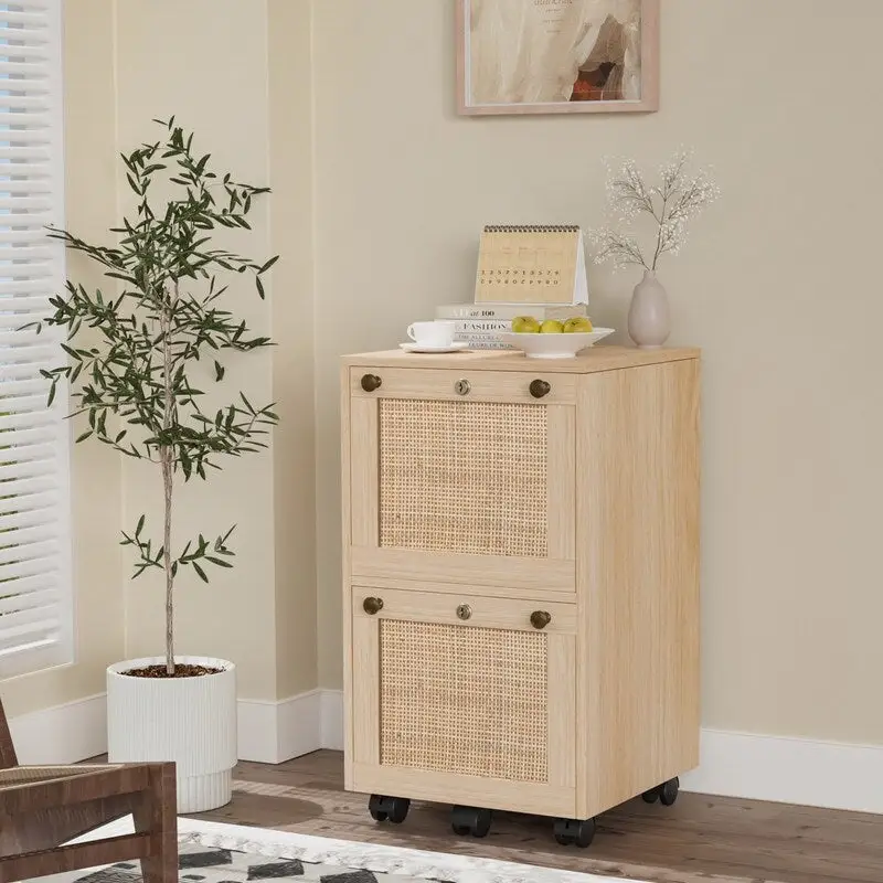 Mobile File Cabinet Wood Rattan 2-Drawer with Lock